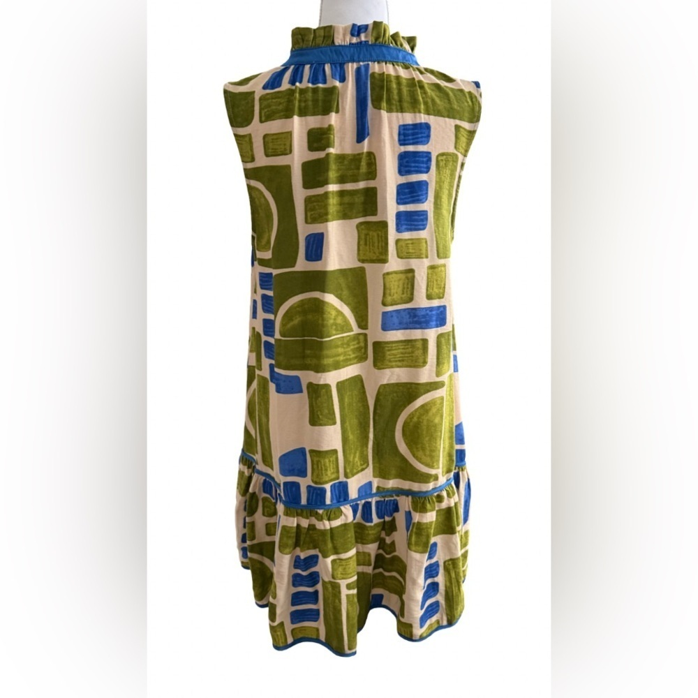 UMGEE BOHO GEOMETRIC PRINT SLEEVELESS
TIERED MINI DRESS GREEN BLUE SIZE M - Picture 8 of 12